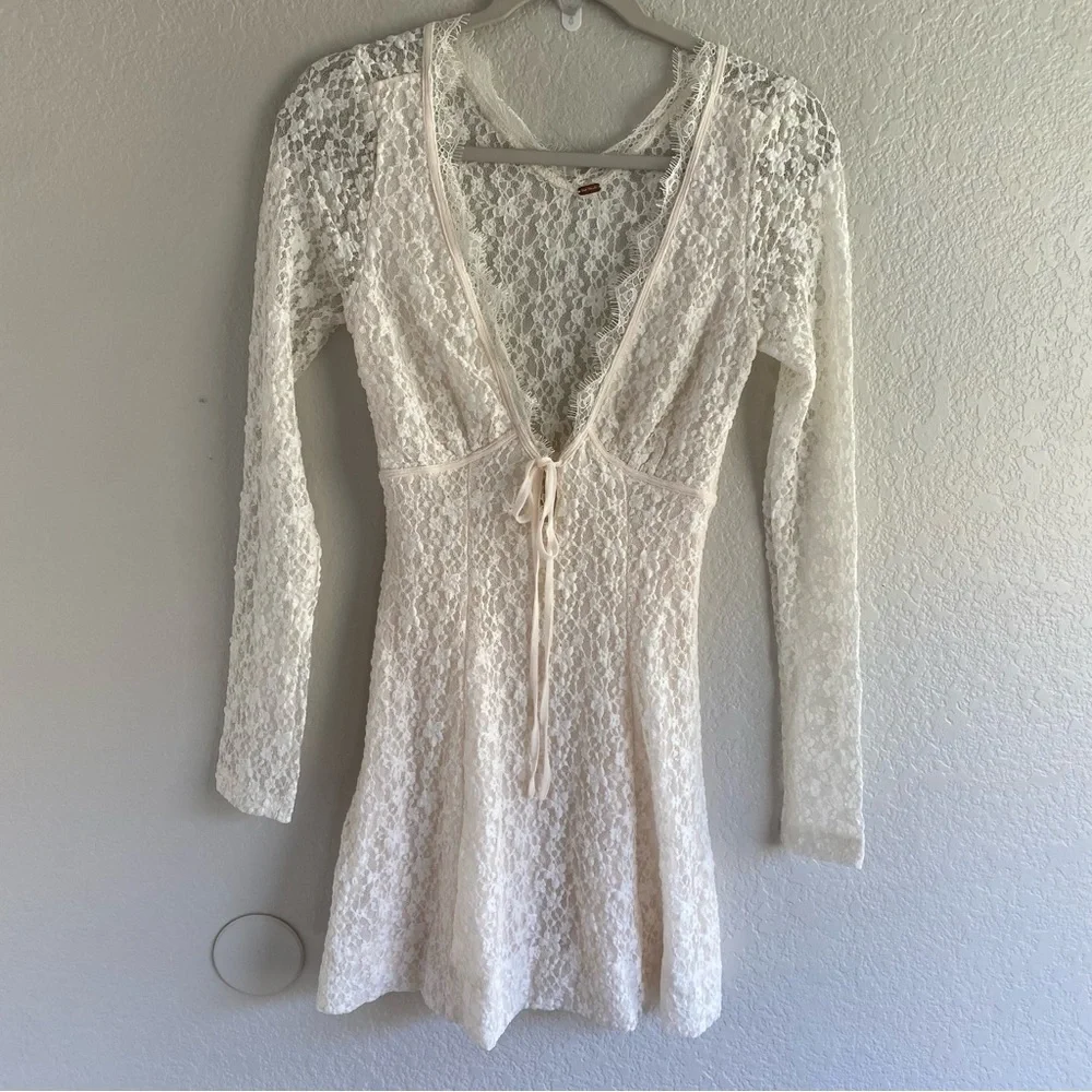 NEW Free People Petra Mini Dress Lace Long Sleeve Mini Dress Ivory